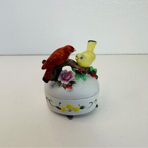 Lefton Double Bird White Porcelain Trinket Box  Red Bird Yellow Bird Flowers 4x3